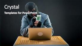  Presentation with cash - Audience pleasing theme consisting of malicious code - cybercriminal man counts euro cash backdrop and a dark gray colored foreground