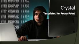  Presentation with computer hacker - PPT theme featuring malicious code - hacker working with computer background and a black colored foreground
