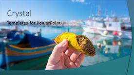  Presentation with fishing - Audience pleasing theme consisting of maltese-pistachio-cannoli-in-hand backdrop and a light blue colored foreground