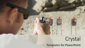  Presentation with gun - Colorful PPT theme enhanced with man aiming target with gun backdrop and a light gray colored foreground