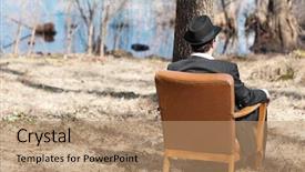  Presentation with woods - Cool new PPT layouts with man alone in the woods sitting on a armchair rear view backdrop and a coral colored foreground