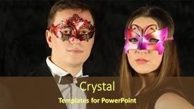  Presentation with masks - Colorful PPT layouts enhanced with man and a woman with long hair in carnival masks on their faces on a black fur ground backdrop and a tawny brown colored foreground
