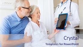  Presentation with health care - Audience pleasing PPT layouts consisting of man and doctor with tablet backdrop and a sky blue colored foreground