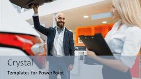  Presentation with auto dealership - Cool new slides with man-and-female-seller-looking backdrop and a light blue colored foreground