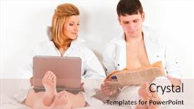  Presentation with newspaper laptop - Presentation theme with man and his pregnant wife in bed at morning with laptop and newspaper background and a coral colored foreground