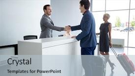  Presentation with reception hall - Presentation design with man and receptionist handshake background and a light blue colored foreground