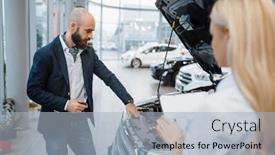  Presentation with auto dealership - Amazing slide deck having man-and-saleslady-choosing-auto backdrop and a light blue colored foreground