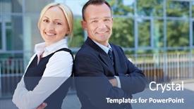  Presentation with young business woman smile show - Audience pleasing presentation theme consisting of man and smiling woman leaning backdrop and a  colored foreground