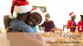  Presentation with dining table - Amazing presentation design having man-and-son-hugging-each backdrop and a coral colored foreground