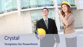  Presentation with team building - Amazing presentation having man and woman architect team on a building construction site backdrop and a lemonade colored foreground