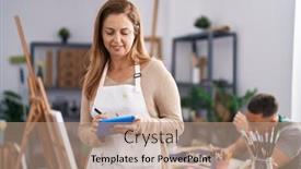  Presentation with notebook - Slide set having man-and-woman-artists-drawing background and a  colored foreground