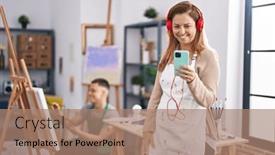  Presentation with listening woman - Presentation design enhanced with man-and-woman-artists-listening background and a coral colored foreground