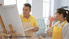  Presentation with art - PPT layouts having man-and-woman-artists-seriously background and a coral colored foreground