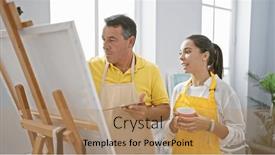  Presentation with art - PPT theme with man-and-woman-artists-seriously and a coral colored foreground