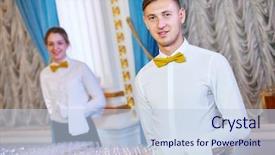  Presentation with restaurant waiter - PPT theme enhanced with man and woman at catering background and a lemonade colored foreground