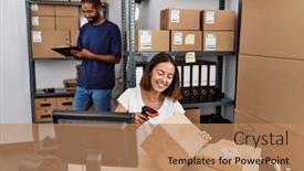  Presentation with barcode - Slides consisting of man-and-woman-business-partners background and a coral colored foreground