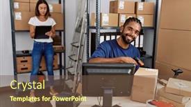  Presentation with barcode - PPT theme consisting of man-and-woman-business-partners background and a tawny brown colored foreground