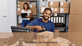  Presentation with barcode - PPT layouts with man-and-woman-business-partners background and a coral colored foreground