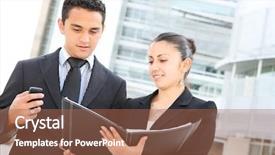  Presentation with building team - Slide deck featuring man and woman business team at their company office building background and a coral colored foreground