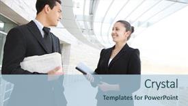  Presentation with building team - Amazing PPT layouts having man and woman business team at their company office building backdrop and a light blue colored foreground