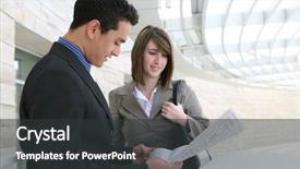  Presentation with office newspaper - Presentation theme consisting of man and woman business team background and a dark gray colored foreground