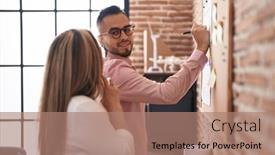  Presentation with cork - Presentation theme enhanced with man-and-woman-business-workers background and a coral colored foreground