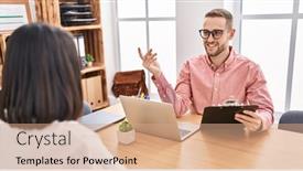  Presentation with job interview - Theme having man-and-woman-business-workers background and a coral colored foreground