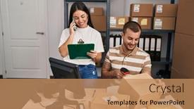  Presentation with barcode - Presentation theme featuring man-and-woman-business-workers background and a coral colored foreground