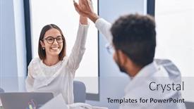  Presentation with office workers - Slide set with man-and-woman-business-workers background and a light blue colored foreground