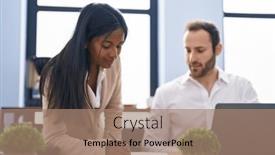  Presentation with business report - Presentation theme featuring man-and-woman-business-workers background and a coral colored foreground