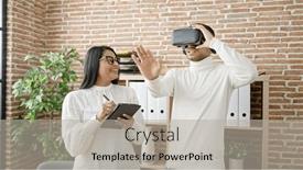  Presentation with office workers - Slides featuring man-and-woman-business-workers background and a light gray colored foreground