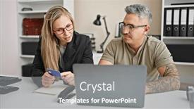  Presentation with office workers - Presentation having man-and-woman-business-workers and a gray colored foreground