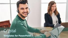  Presentation with call center - PPT theme enhanced with man-and-woman-call-center background and a ocean colored foreground