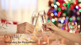  Presentation with man vs woman - Colorful PPT theme enhanced with man and woman clanging champagne glasses on christmas background backdrop and a coral colored foreground
