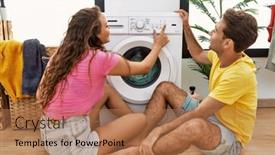  Presentation with clothes washing machine - Presentation theme with man-and-woman-couple-cleaning background and a coral colored foreground