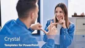  Presentation with communicate - PPT theme featuring man-and-woman-couple-communicate background and a teal colored foreground