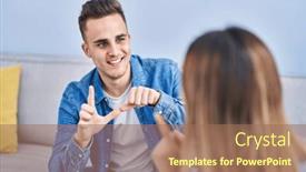  Presentation with communicate - Slide set having man-and-woman-couple-communicate background and a coral colored foreground