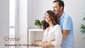  Presentation with people helping each teamwork couple - Presentation theme consisting of man-and-woman-couple-hugging background and a soft green colored foreground