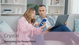  Presentation with laptop - Presentation theme consisting of man-and-woman-couple-using and a soft green colored foreground