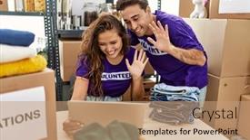  Presentation with call center - Presentation consisting of man-and-woman-couple-wearing background and a  colored foreground