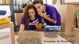  Presentation with charity - PPT theme featuring man-and-woman-couple-wearing background and a coral colored foreground