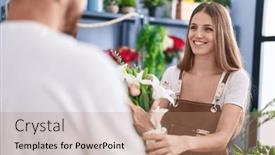  Presentation with flower woman - Presentation enhanced with man-and-woman-customer-buying background and a coral colored foreground