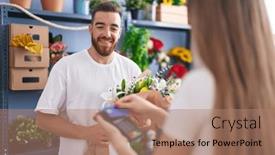  Presentation with flower woman - PPT theme enhanced with man-and-woman-customer-buying background and a coral colored foreground
