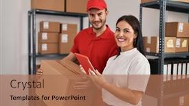  Presentation with worker - PPT layouts with man-and-woman-deliveryman background and a coral colored foreground