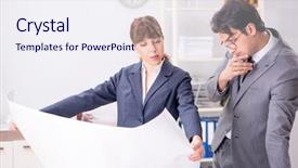  Presentation with role play woman and man - Slide set having man and woman discussing construction background and a  colored foreground