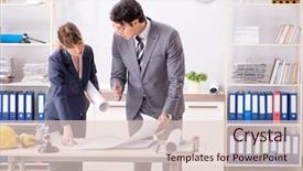  Presentation with project - Colorful presentation design enhanced with man and woman discussing construction backdrop and a  colored foreground