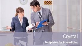  Presentation with man joined woman - Amazing PPT theme having man and woman discussing construction backdrop and a  colored foreground