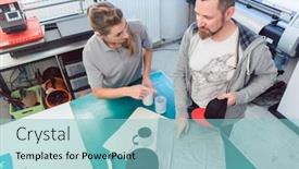  Presentation with creative - Slides enhanced with man-and-woman-discussing background and a light blue colored foreground