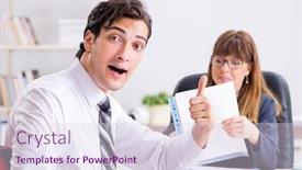  Presentation with man vs woman - Audience pleasing PPT theme consisting of man-and-woman-discussing backdrop and a sky blue colored foreground