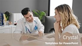  Presentation with report - Presentation featuring man-and-woman-doctor background and a coral colored foreground